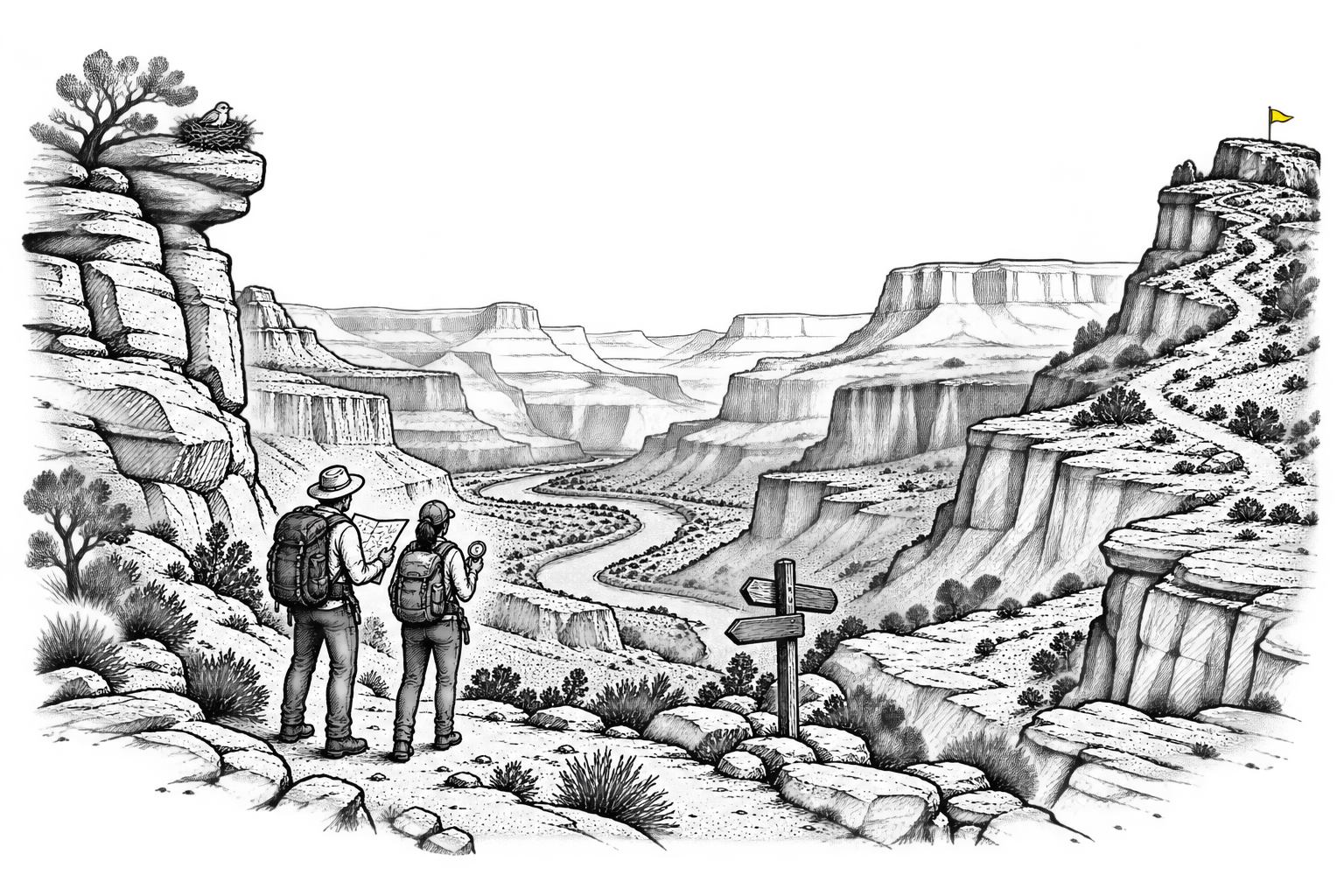 Hand-drawn canyon expedition scene with a nest, hikers, trail fork, river, and distant summit